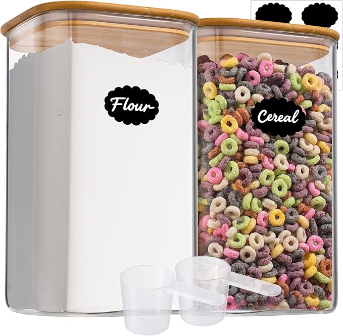 1.2 Gallon (148oz) 2PCS Large Glass Food Storage Containers, Wide Mouth Storage Containers with Tight Lids Square Glass Jars for Flour and Sugar Cereal Rice Pasta Oats Wheatmeal Coffee Niblet