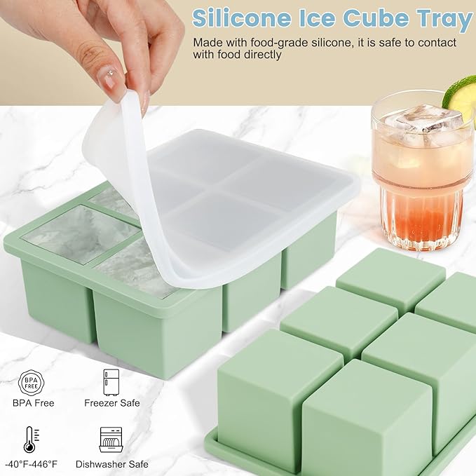 Large Silicone Ice Cube Tray 3Pack, SAWNZC Big Square Ice Cube Molds for Whisky Cocktail, Ice Maker Tray with Lid for Freezer, Easy Release (3, Mint Green)