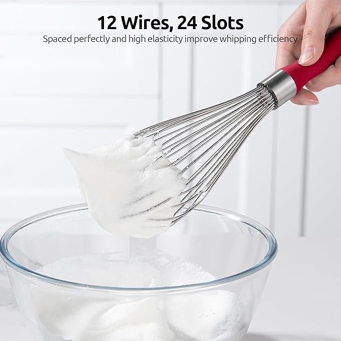 U-Taste Balloon Whisk for Cooking: 18/10 Stainless Steel Kitchen Wire Whisk, 12in Large Heavy Duty Egg Beater, Manual Mixing Tool with 12 High Flex Wires for Stirring, Blending Sauce (Red)
