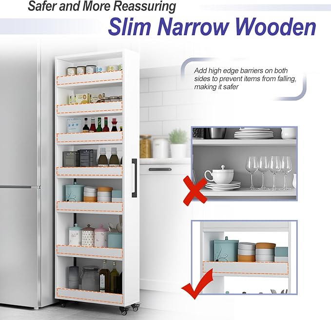 7-Tier Slim Storage Cart, Wooden Rolling Pantry Cabinet with Wheels, Narrow Shelf Organizer for Kitchen, Bakers Rack, Dining Room, Closet, Small Spaces Gray 47.2" H*5.9" W*23.6" D