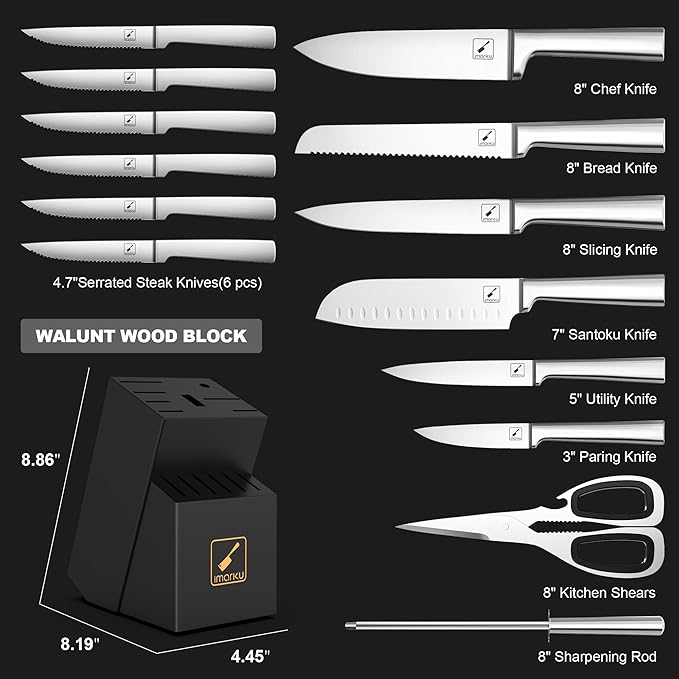 imarku Knife Set - 15PCS Kitchen Knife Set Japanese High Carbon Stainless Steel Knives Set for Kitchen, Dishwasher Safe Ultra Sharp Professional Chef Well Balance Knife Block Set, Black