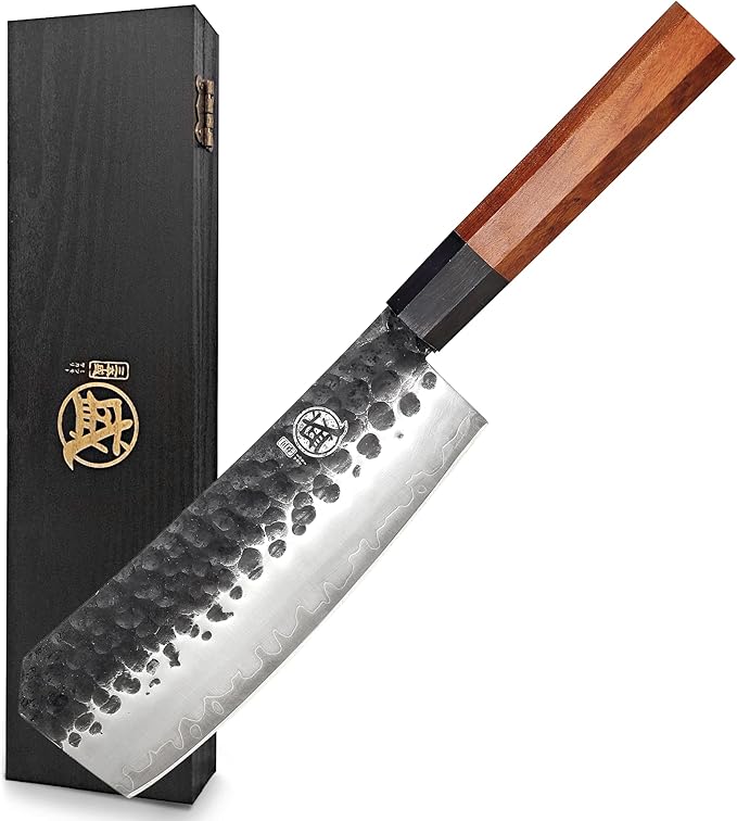 MITSUMOTO SAKARI Boning Knife 7 inch - Hand Forged Japanese Meat Cleaver Knives, 3-Layer 9CR18MOV High Carbon Steel, Rosewood Handle & Sandalwood Box
