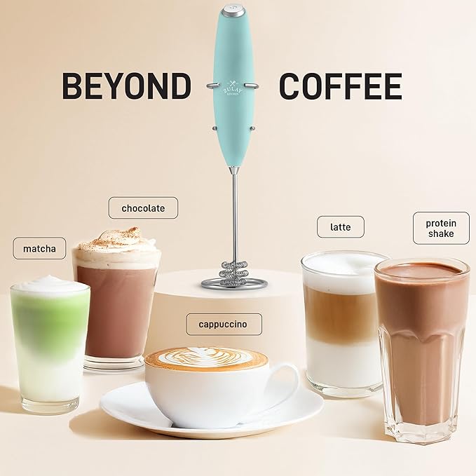 Zulay Kitchen Tornado Whisk Milk Frother with 4 AA Duracell Batteries - Triple Whisk for More Power - Handheld Coffee Frother with Stand - Drink Mixer for Lattes, Matcha & Protein Shakes
