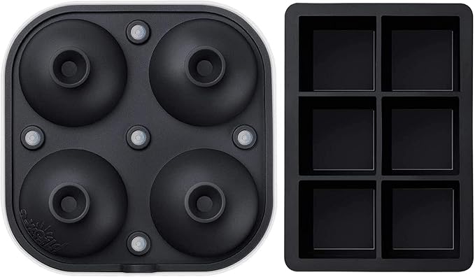 Samuelworld Large Silicone Premium Ice Trays, 2 Inches Big Cubes & 2.5 Inches Sphere Ice Molds - BPA Free, Craft Ice Maker for Gifting, Easy Release - Black(With Ice Bag)