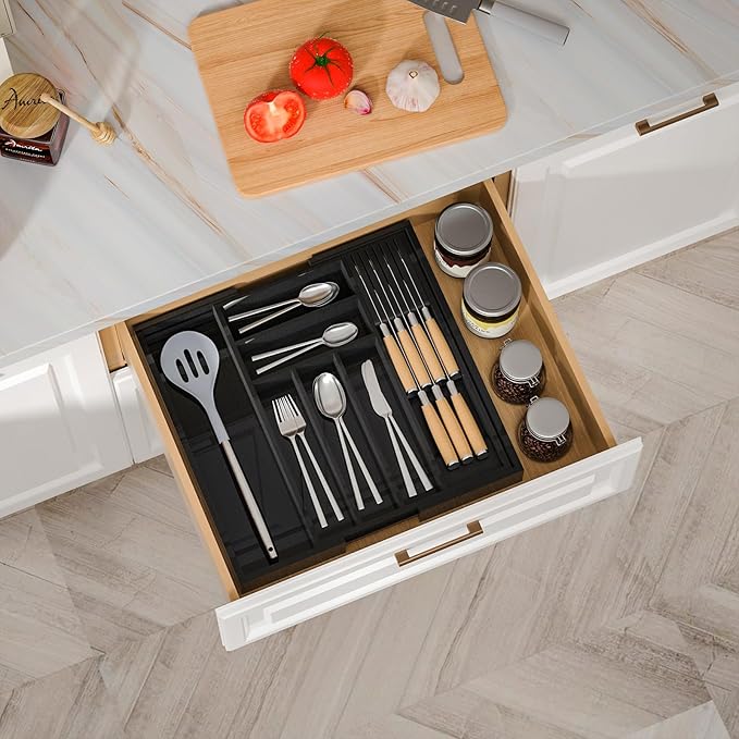 Bamboo-Silverware-Drawer-Organizer-Kitchen, Expandable Utensil Holder Cutlery Tray Flatware Organization Adjustable Wood Tableware Dividers Storage (with Removable Knife Block)(Black)