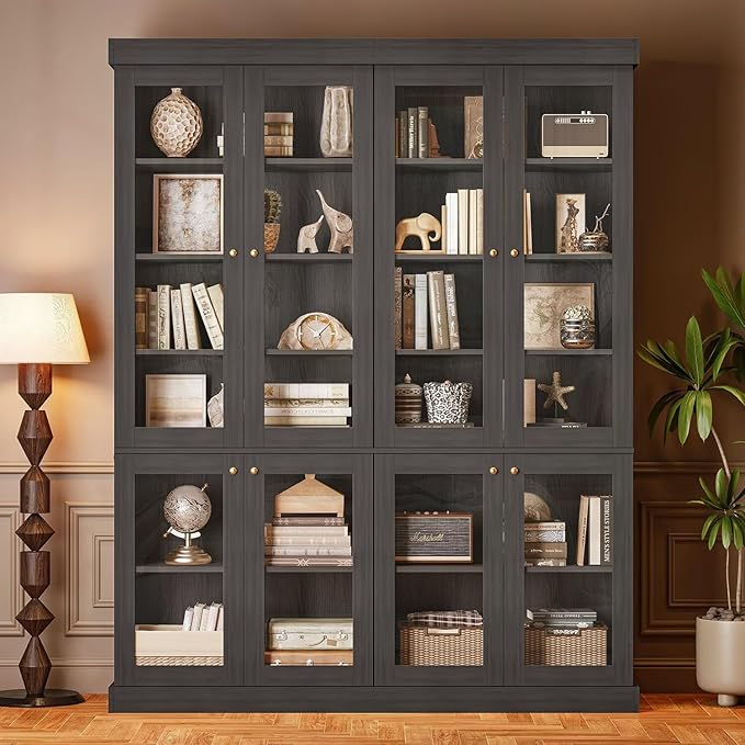 70.8" Tall Black Bookshelf with Glass Doors, Farmhouse Modular Bookcase with 6-Tier Adjustable Shelves, Large Storage Cabinet for Home Office, Living Room