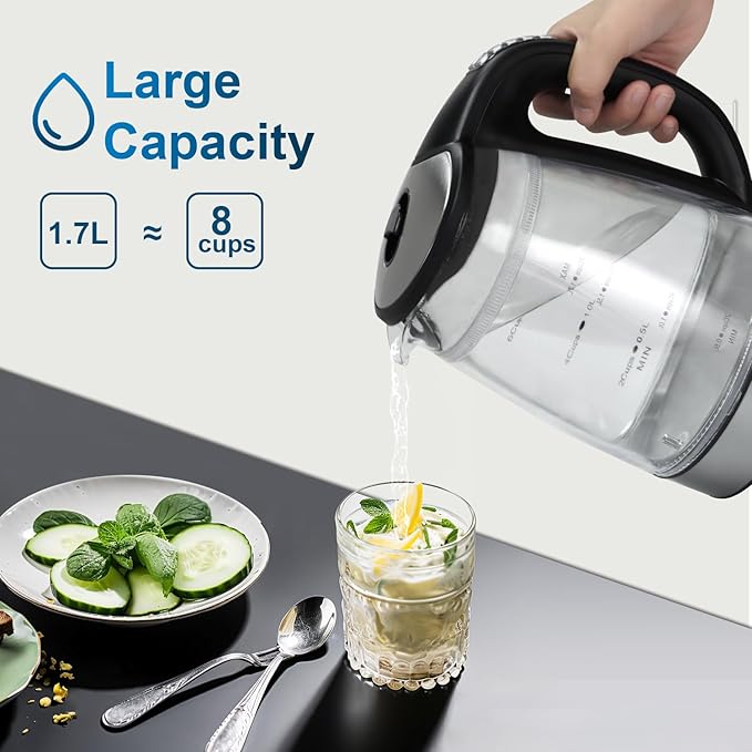 1500W Electric Kettle with Temperature Control - 6-Temp Presets for Tea/Coffee, Double Wall Cool-Touch, 4H Keep Warm, 1.7L Borosilicate Glass & BPA-Free, Fast Boil for Home/Office
