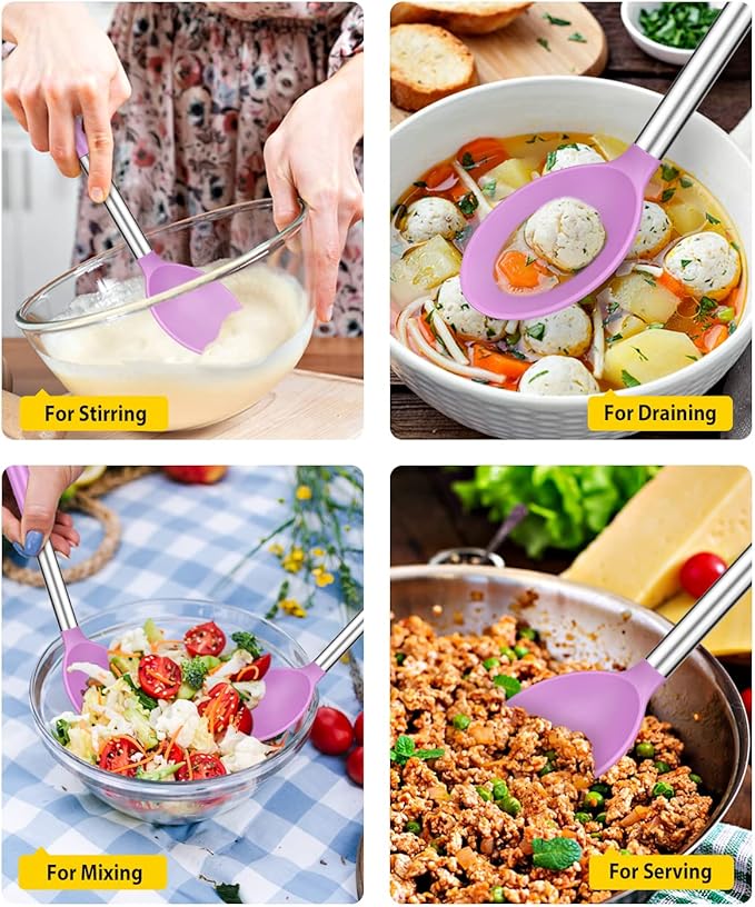 Pack of 2 Large Silicone Cooking Spoons,Non Stick Solid Basting Spoon,Heat-Resistant Kitchen Utensils for Mixing,Serving,Draining,Stirring (PURPLE)