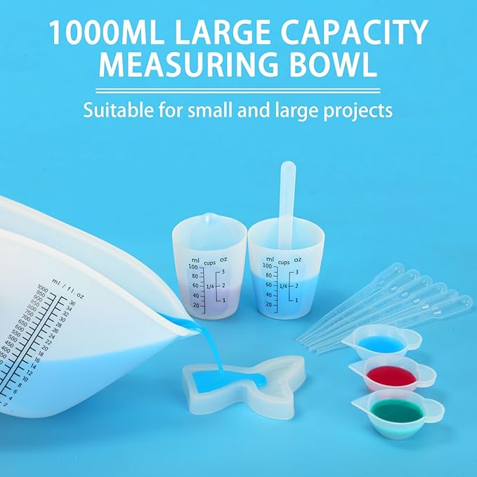 Creahaus 1000ML Large Silicone Measuring Cups for Resin, Easy to Read 36oz Silicone Mixing Bowl with 100ML Mixing Cup, Easy Clean Reusable Epoxy Resin Supplies with Stir Stick, Pipettes