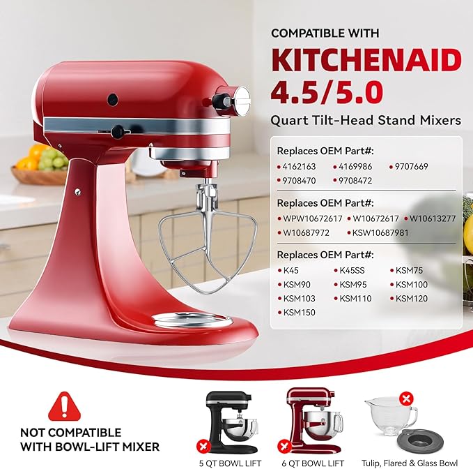 K45B Stainless Steel Flat Beater for Kitchenaid Tilt Head Stand Mixer, Polished Paddle Attachment for KitchenAid Mixer Attachments, Fits 4.5-5 Quart Models, Dishwasher Safe