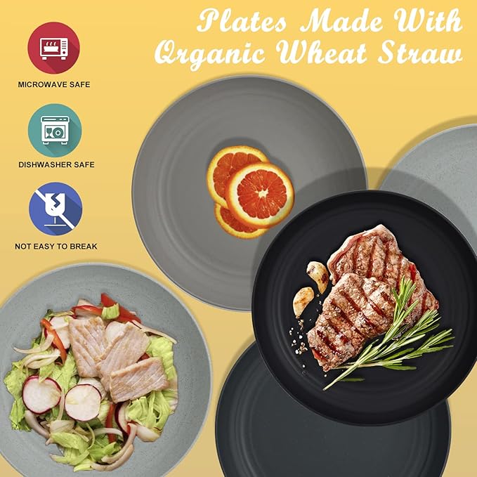 Wrova Wheat Straw Plates - 8 Inch Unbreakable Dinner Plates Set of 8 - Dishwasher & Microwave Safe Plastic Plates Reusable - Lightweight Plates for kitchen,R.V (Classic Series)