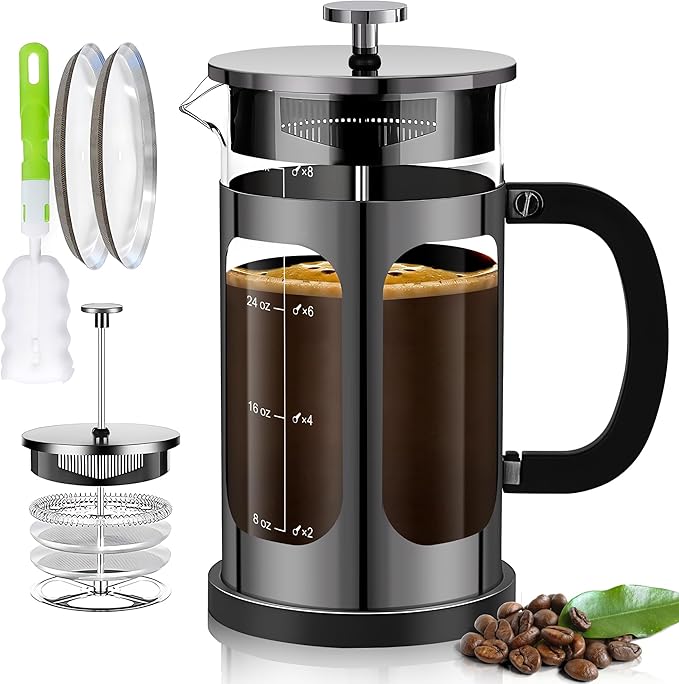 French Press Coffee Maker (34oz 1Quart 5-6Cup) Coffee Press, with 4 Filters System, Heat Resistant Thickness Borosilicate Glass, Cold Brew Coffee Tea Pot Gifts (Bright Black)