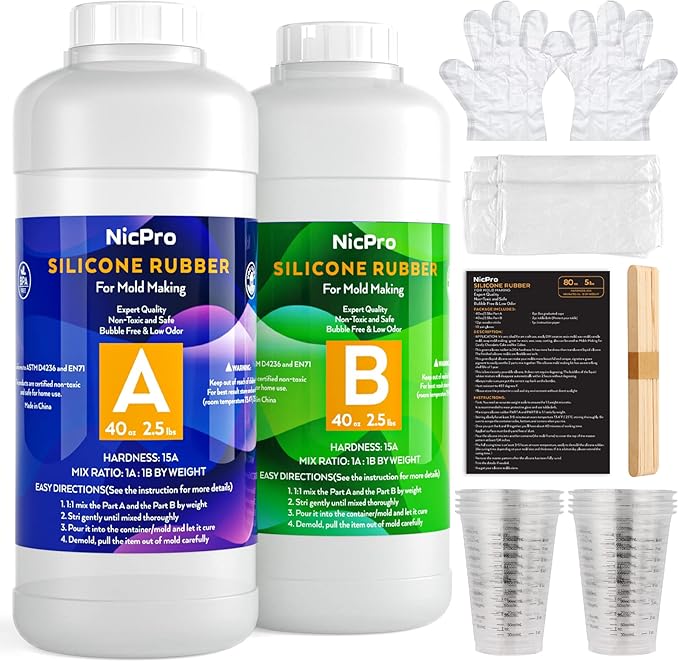 Nicpro 80oz Silicone Mold Making Kit, 15A Platinum Liquid Silicone Rubber, Flexible Silicone Molds Maker Mix Ratio 1:1 for Casting 3D Resins Candle Soap Molds DIY with Gloves, Sticks, Mixing Cups