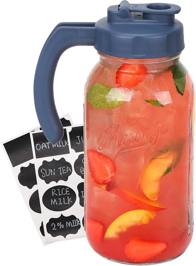 Soligt Glass Mason Jar Pitcher with Lid, Wide Mouth Flip Cap Pour Spout Leak-proof Lid with Handle, 64 oz (2 Quart / 1.9 Liter), for Sun Tea/Iced Tea/Juice/Cold Brew Coffee/Milk (1Pack, Hale Navy)