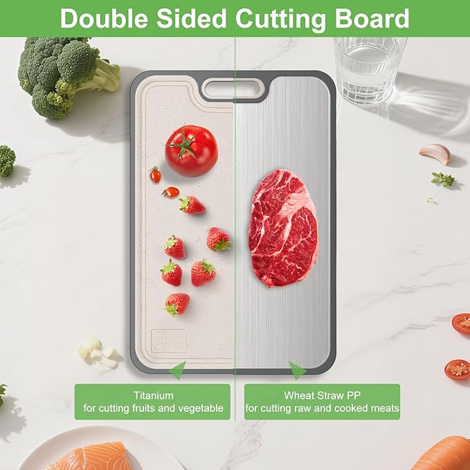 2IN1 Titanium Cutting Boards for Kitchen,Metal Cutting Boards With Pure Titanium and Wheat Straw PP,Double Sided Chopping Board with Juice Groove Dishwasher Safe Easy to Clean Non Toxic 15"X10"