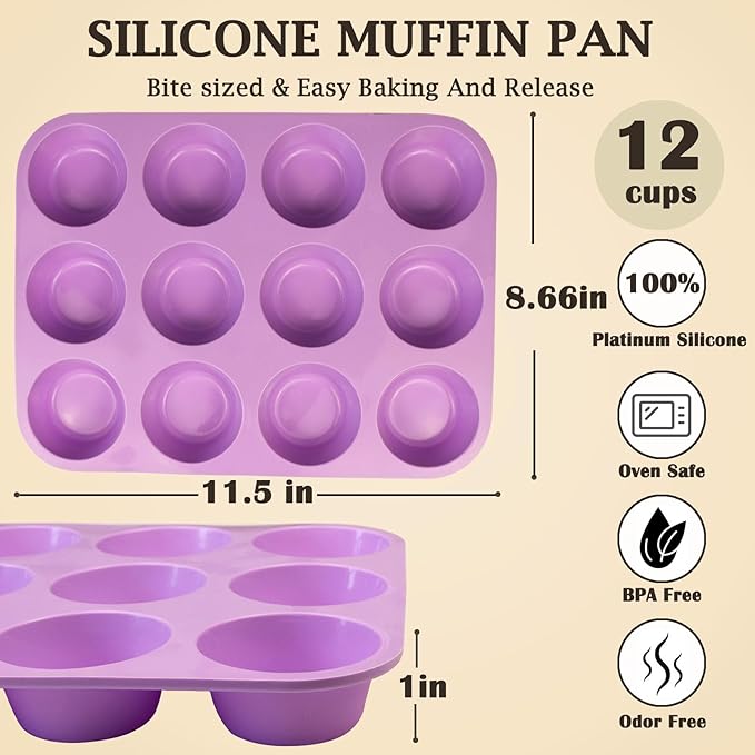 12 Cups Silicone Mini Muffin Pan Set, Nonstick Mini Cupcake Pans, BPA Free Small Muffin Tin for Baking, Set of 2 (Orange+Purple)