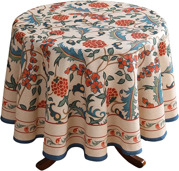 patdrea Designer Linen Round Table Cloth,Durable Breathable Floral Dacorative Tablecloth,Decor Tables Covers for Kitchen Dining,Tea Party,Holiday,Christmas,Thanksgiving,Diameter 55"-Puno
