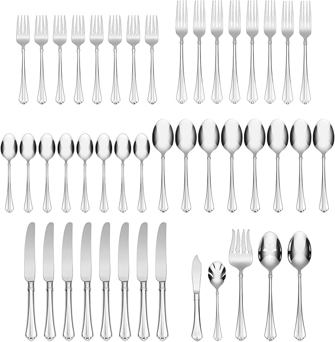 Oneida Silverware Set For 8, Juilliard 45-Piece Fine Flatware Set with Serving Utensils, Service For 8, 18/10 Stainless Steel, Mirror Finish, Dishwasher Safe,Knives Spoons & Forks Set(Silver 45 Piece)