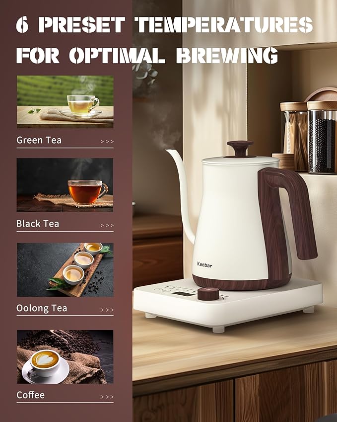Electric Kettles, 1000W Gooseneck Electric Kettle with 6 Temperature Control Presets, 0.8L/27.05oz, 0.8mm Ultra-Fine Spout, 304 Stainless Steel Inner, Gooseneck Kettle with Auto Shut-Off, Matte White