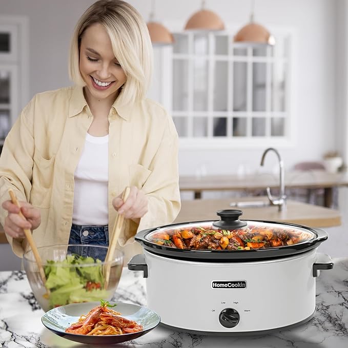 HOMECOOKIN 8 Quart Slow Cooker Oval Manual Pot Food Warmer with 3 Cooking Settings, White Stainless Steel