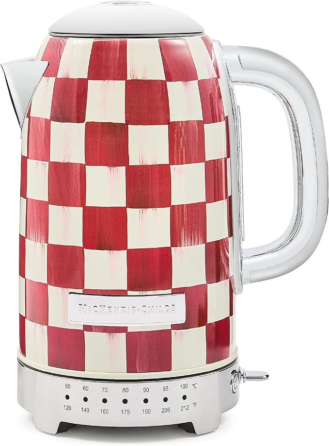 MACKENZIE-CHILDS Electric Kettle, Stainless-Steel Tea Kettle, Red-and-White Cherry Check