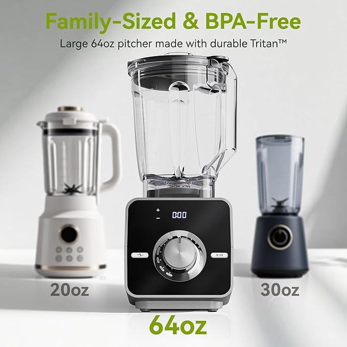 Home Blender, 1400W High-Speed Blender for Ice Crushing Power, Stainless Steel Blades, Kitchen Timer, 10 Speeds, 6 Programs for Smoothies, Frozen Drinks, Self-Cleaning, 64oz Bulk Production