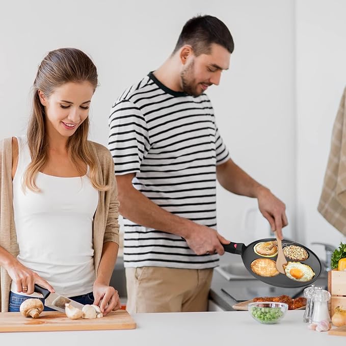 Pancake Pan Nonstick-Suitable for All Stovetops & Induction Cooker, 10.5 Inch Mini Silver Dollar Grill Blini Griddle Crepe Pan, 4 Molds Cake Egg Skillet, 100% PFOA Free Coating