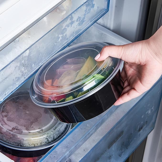 FULING 32 oz 150 ct Round Meal Prep Containers with Lids Plastic Food Storage Lunch Plan To Go Box Disposable Take Out Bowls Black BPA Free Reusable Durable Stackable Microwave Freezer Dishwasher Safe