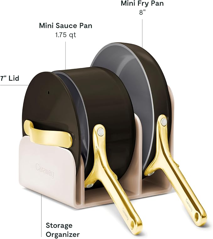 Caraway Mini Cookware Set - Non-Stick Ceramic Fry Pan (1.05 qt, 8") Sauce Pan (1.75 qt) & Storage Rack - Non Toxic, PTFE & PFOA Free - Oven Safe & Stovetop Agnostic (Gas, Electric & Induction) - Black