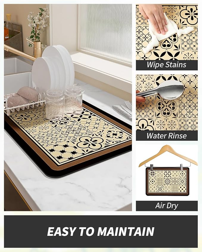 AMOAMI Coffee Mat Hide Stain Rubber Backed Absorbent Dish Drying Mat for Kitchen Counter - Fits Under Coffee Maker - KHAKI 16X24