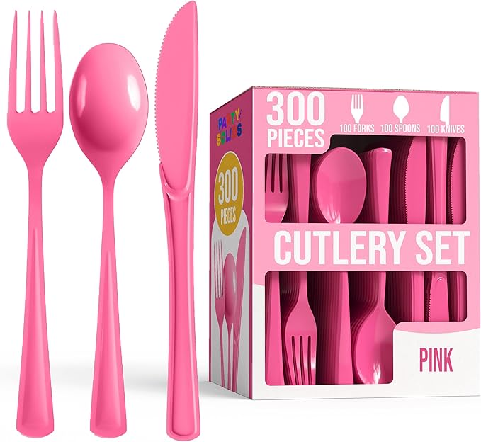 Party Solids Hot Pink Plastic Silverware Heavy Duty 300 Pieces Hot Pink Plastic Cutlery Sets, Utensil Sets, 100 Of Each Forks, Knives & Spoons Disposable Cutlery Set, Flatware Set For Party Supplies