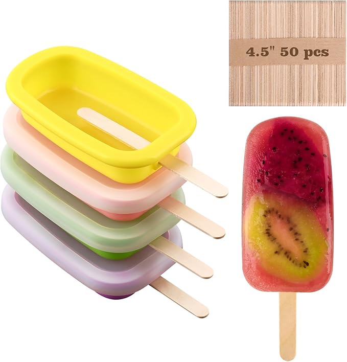 Sakolla 4 Pcs Silicone Popsicle Molds with Lid & 50 Pcs Wooden Popsicle Sticks, Stackable Classic Oval Ice Cream Molds for Homemade Ice Pop, Cakesicles, Freezer Yogurt and Fruit Juice (Multicolor)