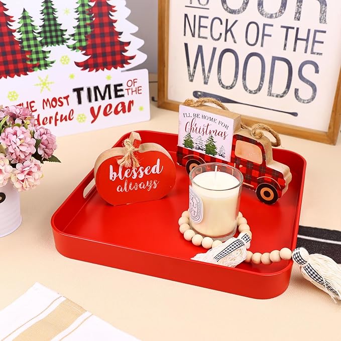 Square Red Decorative Serving Tray with Handles, Versatile Ottoman Tray for Coffee Table, Entertaining, Outdoor Patio, Living Room, 13”*13”*1.6”