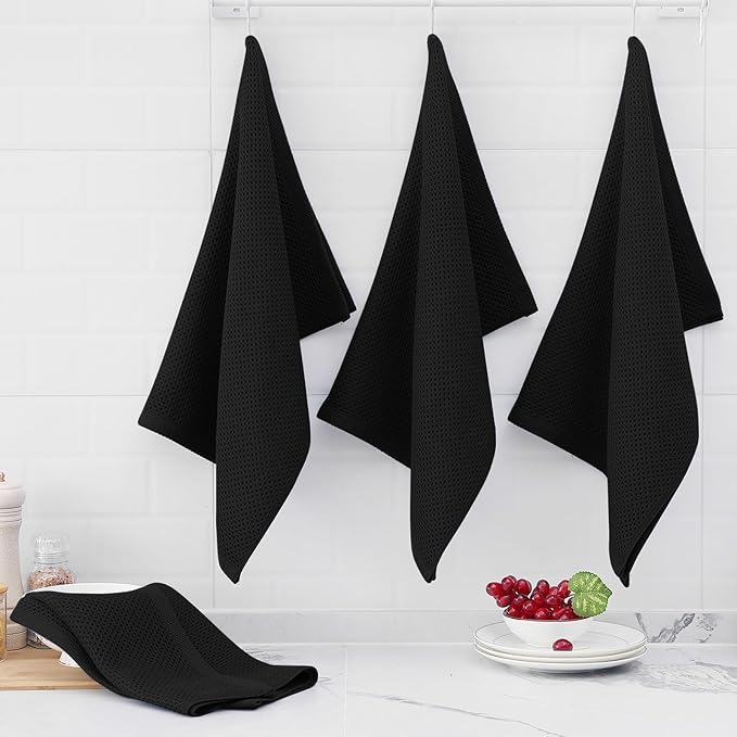 Homaxy 100% Cotton Oversized Waffle Weave Kitchen Dish Towels, Ultra Soft Absorbent Quick Drying Cleaning Towel, 20 x 28 Inches, 4-Pack, Black