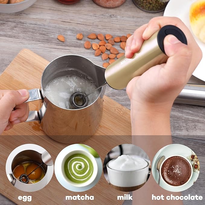 Rechargeable Milk Frother Handheld Electric Frother Wand Milk Foamer Drink Mixer for Coffee, Lattes, Cappuccino, and Egg, Stainless Steel for Travel-Beige