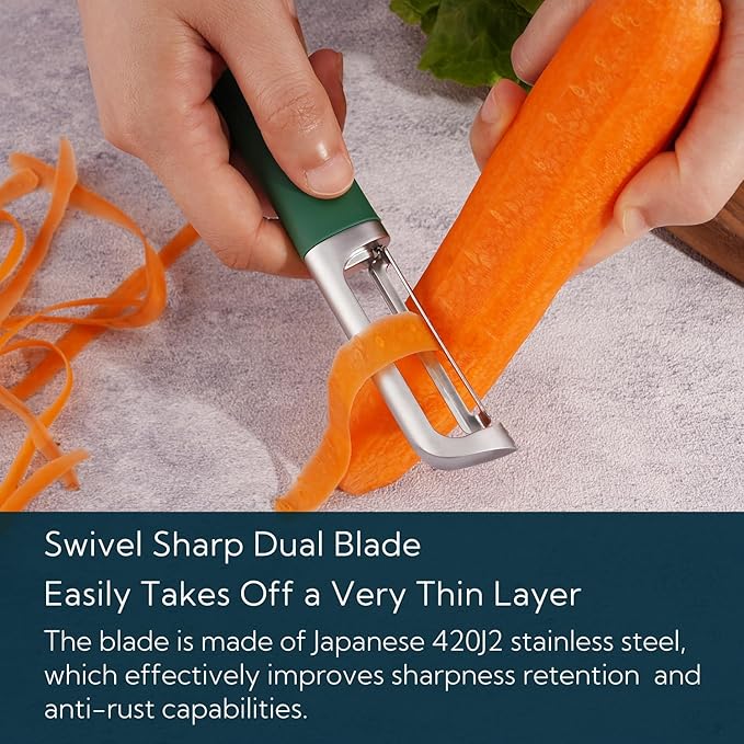 KITCHENDAO Swivel Vegetable Potato Peeler for Kitchen, Japanese Stainless Steel Sharp Blade, Heavy Duty Die-cast Construction, Built-in Eye Remover, Soft-touch Handle, Dishwasher Safe, Green