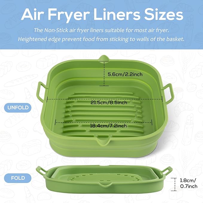[2 Pack] Silicone Air Fryer Liners Square - Reusable Airfryer Silicone Basket - Easy to Clean Air Fryers Silicone Pot for 5.8 to 8 Qt Large Air Fryer Baking Tray Oven Accessories, 8.5 Inch
