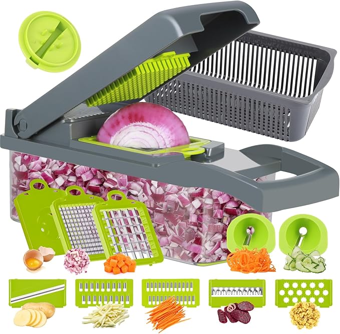 Ourokhome Vegetable Chopper Onion Cutter, 14 in 1 Professional Mandolin Slicer for Kitchen, Multifunctional Food Chopper for Potato, Tomato, Veggie with Strainer Basket, 10 Blades, Gray