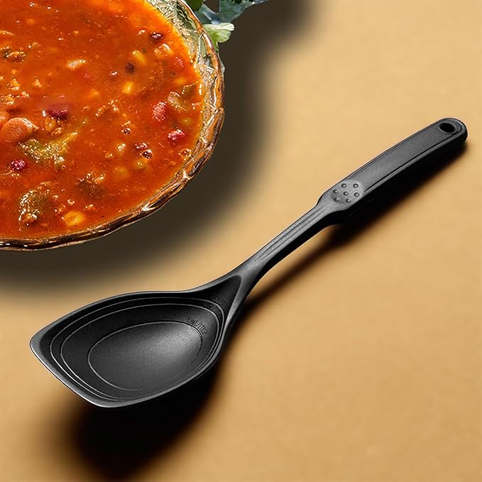 Large Silicone Cooking Spoon, Non-Stick Solid Spoon set with Deep Bolw and Measurement Mark for Mixing, Serving, Draining, Scooping, Scraping, Heat Resistant Kitchen Utensils, Black