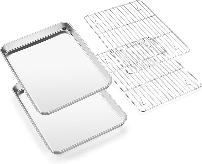 E-far Baking Sheet with Wire Rack (2 Pans + 2 Racks), Stainless Steel Cookie Sheets Pan & Cooling Rack for Baking Cookies Cake, Non Toxic & Heavy Duty, Oven & Dishwasher Safe, 12.4 x 9.7 x 1 Inch