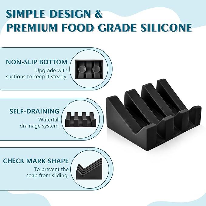 Self Draining Soap Dish,Silicone Suction Cup Soap Holder, Bathroom Soap Dish for Bar Soap,Can Extend Soap Life,Bathroom, Bath Tub, Kitchen Sink (1, Black)
