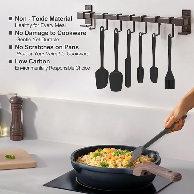Silicone Spatula Set, 6 Pieces Food Grade Kitchen Utensils with Silicone Brush Heat Resistant Dishwasher Safe BPA-free Rubber Spatula for Scraping, Baking, Cooking, Mixing (Black)