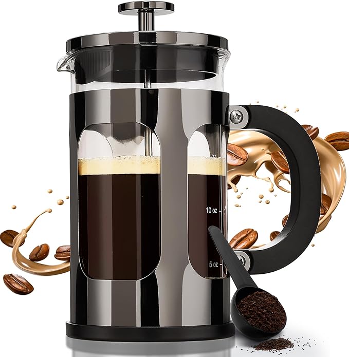 BAYKA 21 Ounce 0.6 Liter French Press Coffee Tea Maker Small, Heat Resistant Thickened Borosilicate Glass Stainless Steel Single Serve Brewer, Cold Brew Cafetera Teapot, Dark Pewter