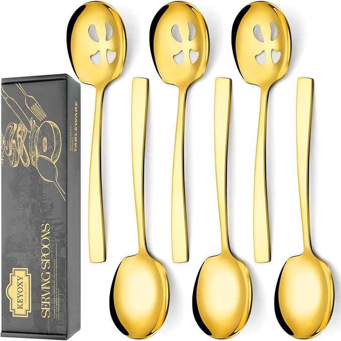 6 Piece Stainless Steel Serving Spoons Set - 3 Large, 3 Slotted, 9.2-Inch, Dishwasher Safe, for Parties/Kitchen/Buffet/Catering,Gold