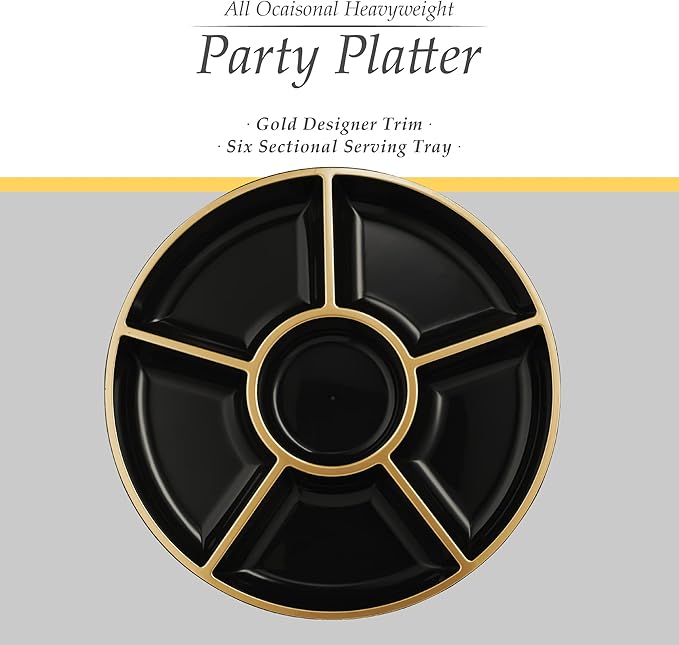 Plasticpro 6 Sectional Round Plastic Serving Tray/Platters Black & Gold Pack of 4
