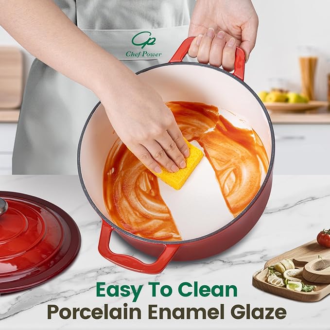 Chef Power Dutch Oven Pot with Lid 5QT, Enameled Cast Iron Dutch Oven for Bread Baking, Braising, Stews, Roasting, Oven Safe Dutch Ovens, Gradient Red