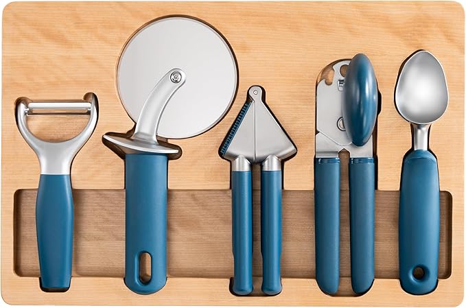 OOU Kitchen Gadget Set, 5 Piece Premium Zinc Alloy Kitchen Tools with Ergonomic TPE Handles – Includes Can Opener, Pizza Cutter, Garlic Press, Ice Cream Scoop, Peeler, and Wooden Storage Tray