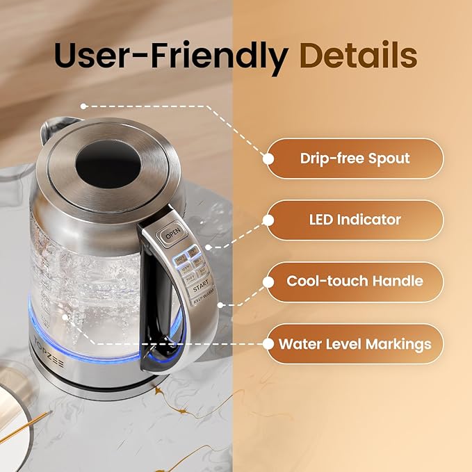 TOPZEE 1.7L Glass Electric Kettle for Coffee & Tea, Hot Water Boiler with 6 Preset Temperatures, Keep Warm and Memory Function, Auto Shut-off & Dry Boil Protection, BPA Free, Rapid Boil, 1500W, Silver
