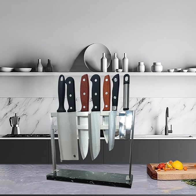 YIIYIIN Magnetic Knife Block with Marble Base - Double Sided Magnetic Knife Stand - Magnetic Knife Holder - Kitchen Knife Storage - Knife Holders for Counter Top - Black