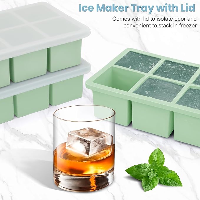Large Silicone Ice Cube Tray 3Pack, SAWNZC Big Square Ice Cube Molds for Whisky Cocktail, Ice Maker Tray with Lid for Freezer, Easy Release (3, Mint Green)